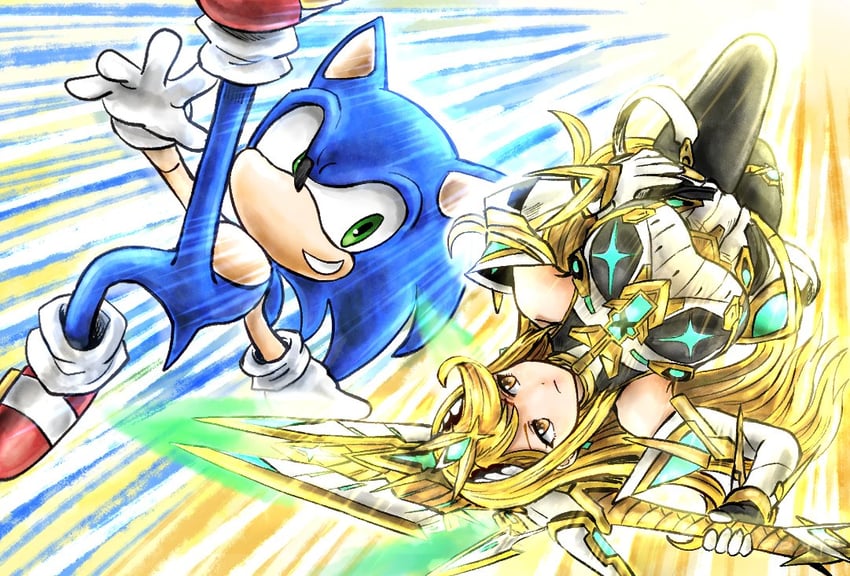 sonic the hedgehog and mythra (xenoblade chronicles and 3 more) drawn by kicdon