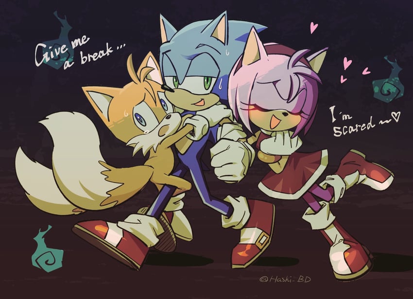 sonic the hedgehog, amy rose, and tails (sonic) drawn by hashi84e
