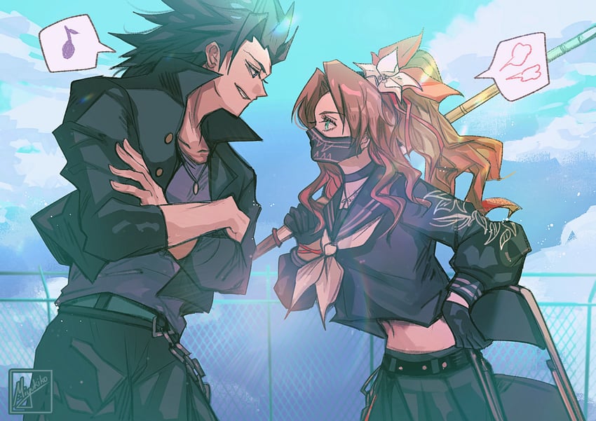aerith gainsborough and zack fair (final fantasy and 2 more) drawn by miyukiko
