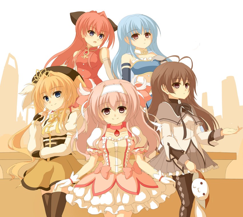 akemi homura, kaname madoka, miki sayaka, sakura kyoko, tomoe mami, and 7 more (mahou shoujo madoka magica and 1 more) drawn by aose_saratoga