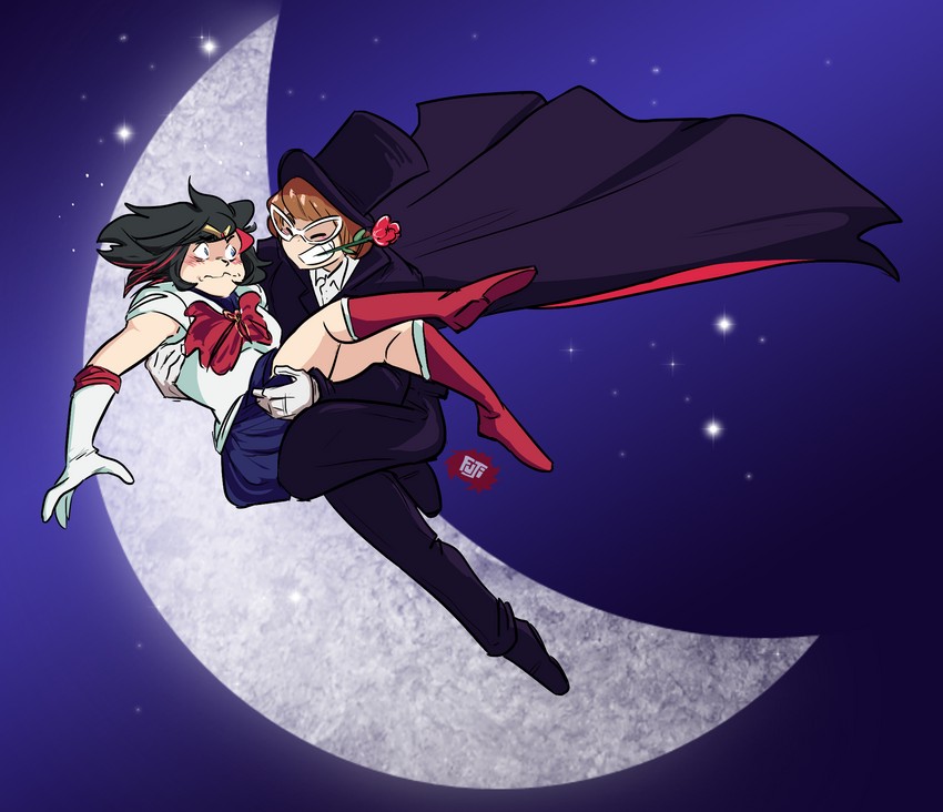 matoi ryuuko, sailor moon, mankanshoku mako, and tuxedo kamen (bishoujo senshi sailor moon and 1 more) drawn by fujifingerz_(artist)