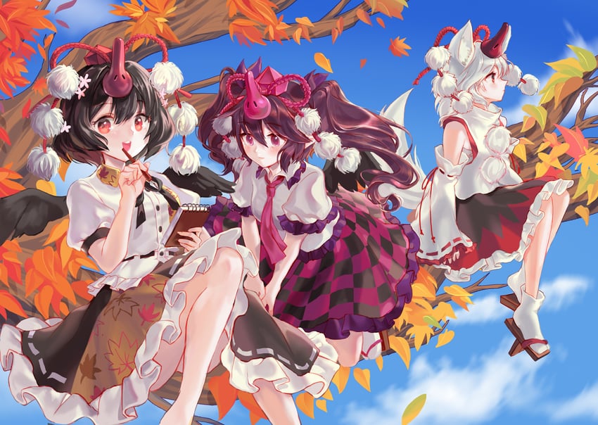 shameimaru aya, inubashiri momiji, and himekaidou hatate (touhou) drawn by rhea_(156latte)