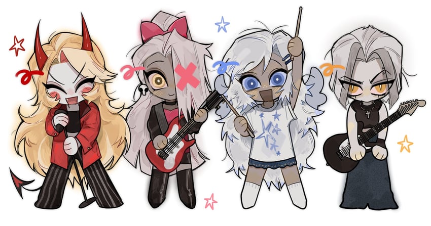 charlie morningstar, vaggie, emily, and lute (hazbin hotel) drawn by tppiiiiqqt