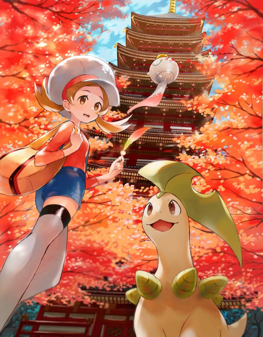 lyra, chimecho, and bayleef (pokemon and 1 more) drawn by orange_mikan