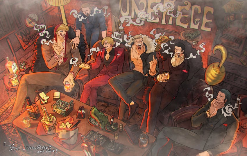 sanji, crocodile, donquixote rocinante, smoker, benn beckman, and 1 more (one piece) drawn by mcbuckwheat