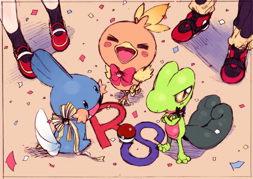 may, brendan, torchic, mudkip, and treecko (pokemon and 2 more) drawn by amezawa_koma