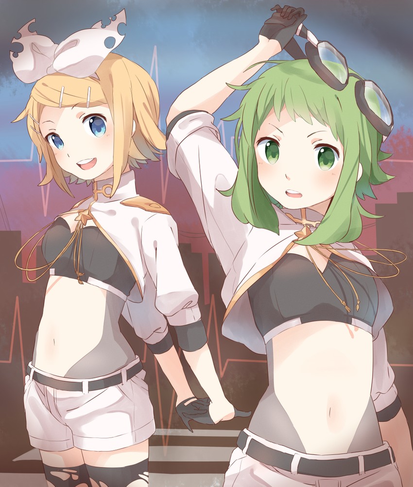kagamine rin and gumi (vocaloid and 1 more) drawn by kana_(okitasougo222)