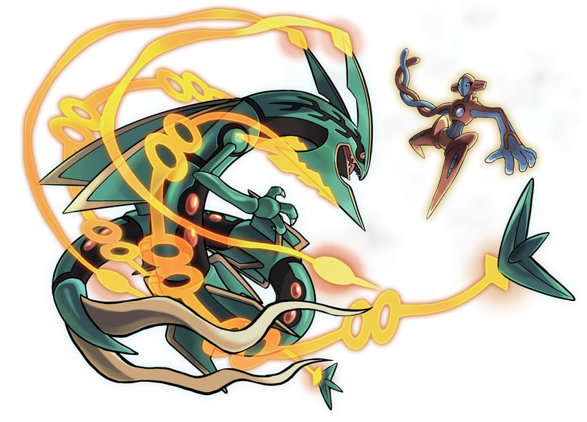 rayquaza, deoxys, and mega rayquaza (pokemon and 1 more) drawn by ariga_hitoshi
