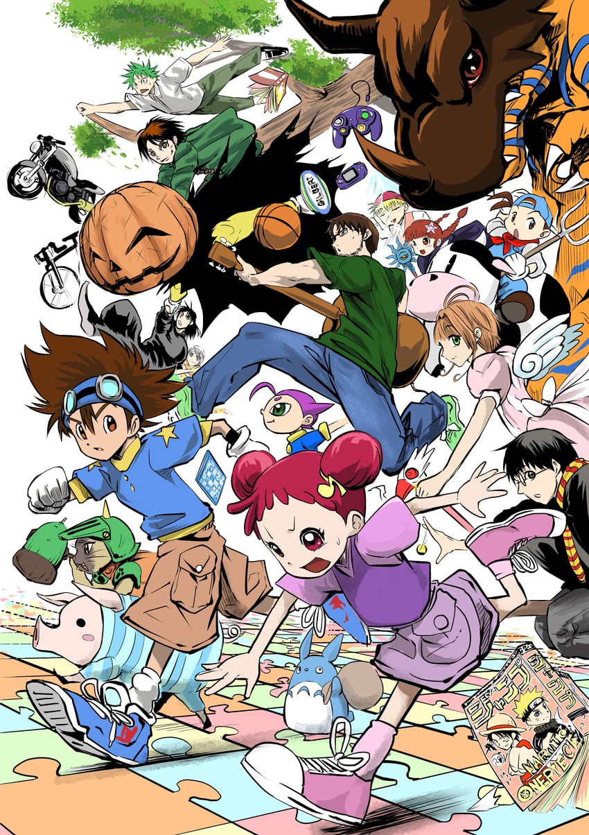 kinomoto sakura, monkey d. luffy, uzumaki naruto, felyne, yagami taichi, and 11 more (one piece and 14 more) drawn by terasaka_kento