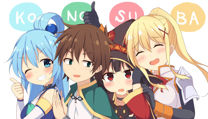 megumin, aqua, darkness, satou kazuma, and chomusuke (kono subarashii sekai ni shukufuku wo!) drawn by meiji_(meizi493)