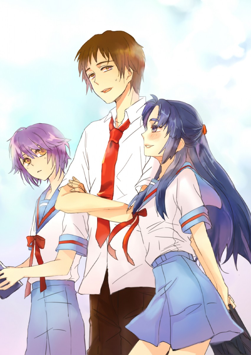 nagato yuki, kyon, and asakura ryoko (suzumiya haruhi no yuuutsu) drawn by saharan