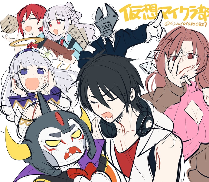yumeoi kakeru, akkun daimaou, shirayuri lily, amagi ten, and hoshizuki sei (nijisanji and 3 more) drawn by ninahachi