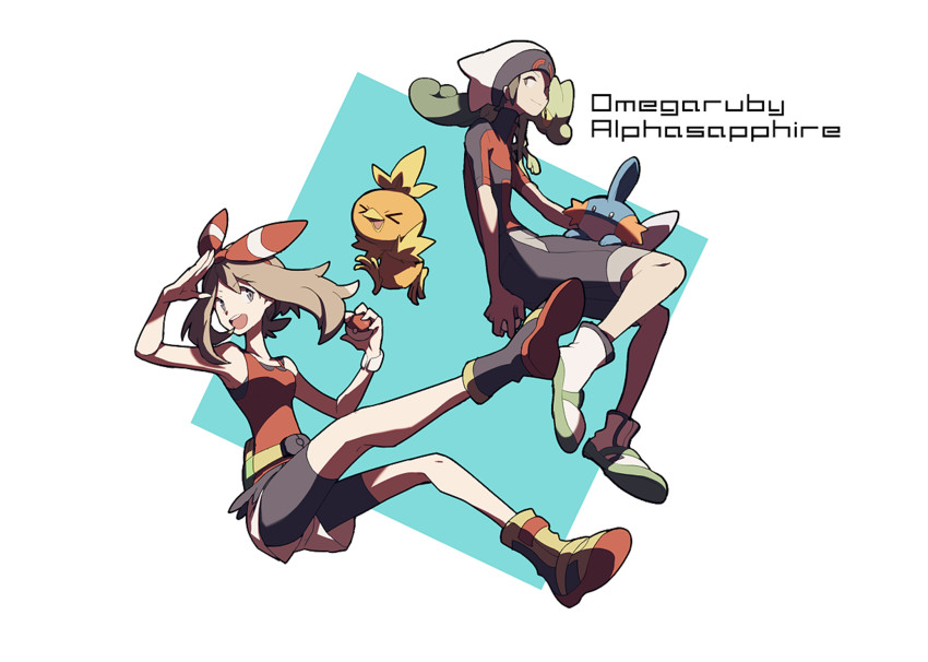 may, brendan, torchic, mudkip, and treecko (pokemon and 1 more) drawn by domu_(hamadura)