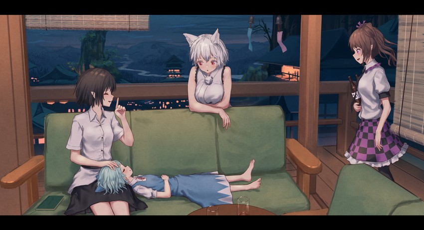 cirno, shameimaru aya, inubashiri momiji, and himekaidou hatate (touhou) drawn by roke_(taikodon)