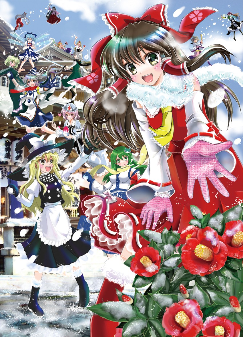 hakurei reimu, kirisame marisa, kochiya sanae, konpaku youmu, cirno, and 9 more (touhou) drawn by hajike_akira