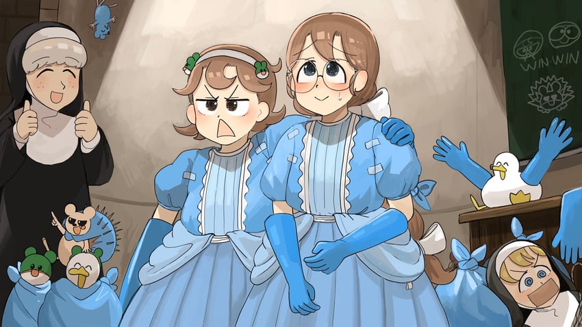 clumsy nun, froggy nun, sheep nun, and glasses nun (little nuns) drawn by diva_(hyxpk)