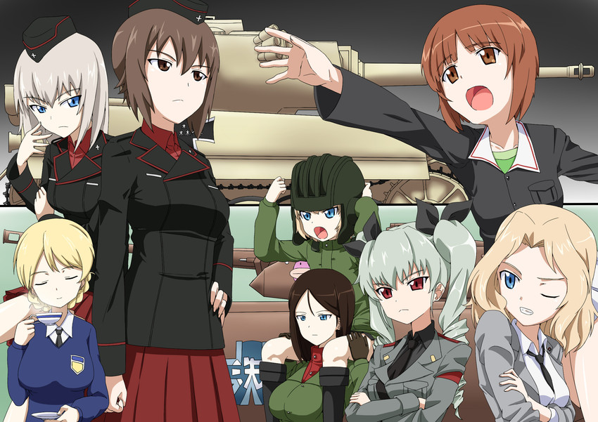 nishizumi miho, darjeeling, nishizumi maho, itsumi erika, anchovy, and 3 more (girls und panzer) drawn by yoshida_keiji