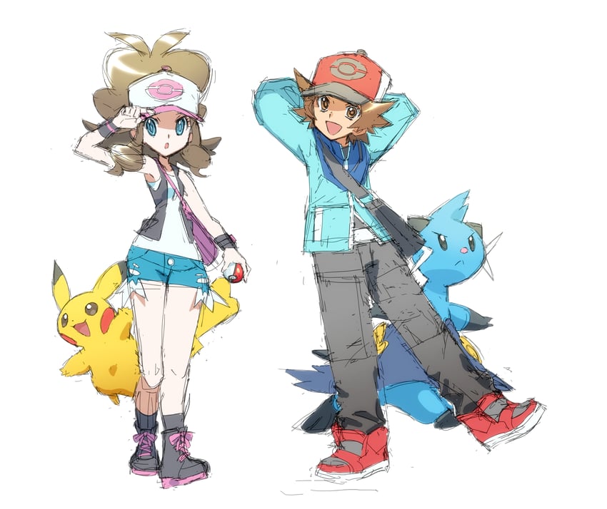 pikachu, hilda, hilbert, and dewott (pokemon and 1 more) drawn by nyagiratwist