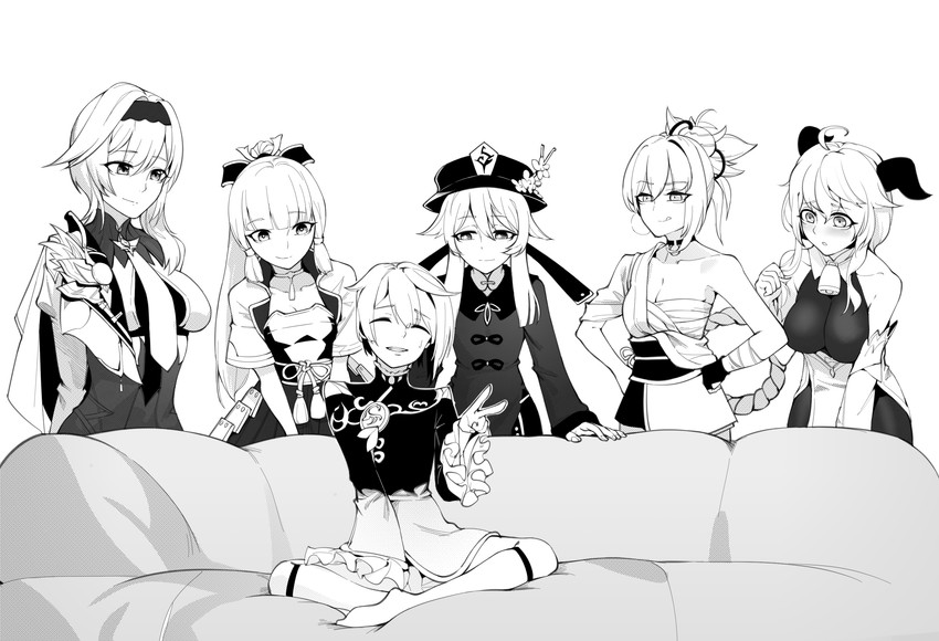 ganyu, hu tao, kamisato ayaka, eula, yoimiya, and 1 more (genshin impact) drawn by chen_zi