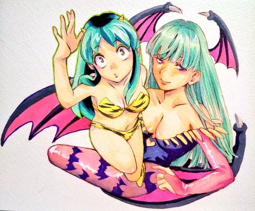 morrigan aensland and lum (darkstalkers and 1 more) drawn by mochiutsupo