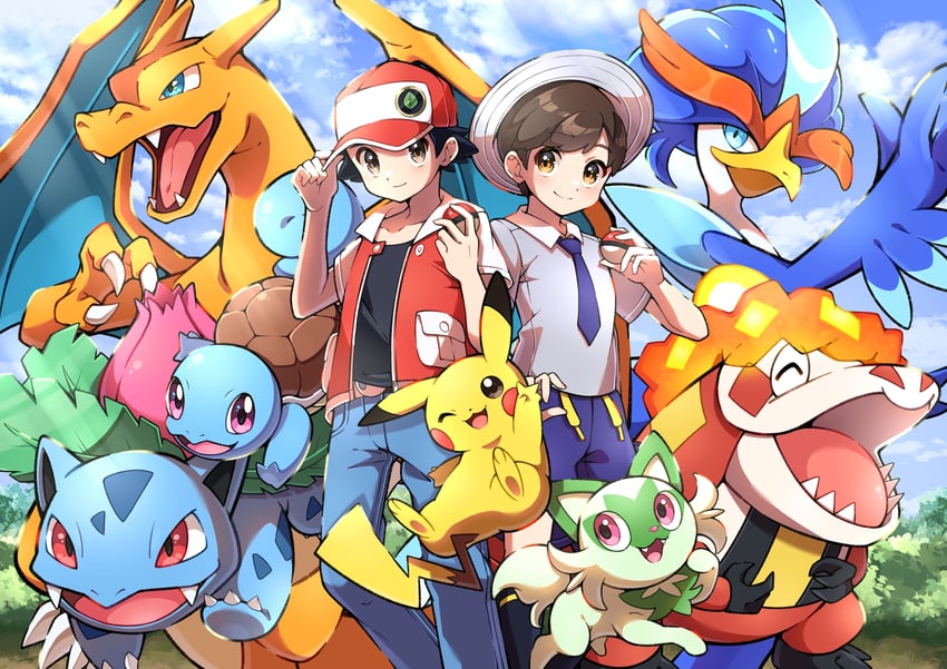 pikachu, red, charizard, florian, sprigatito, and 4 more (pokemon and 2 more) drawn by pon_yui