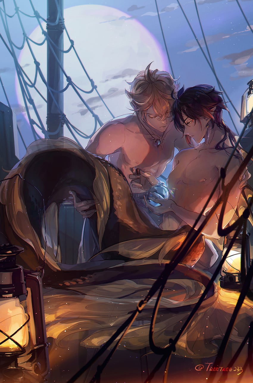 zhongli and tartaglia (genshin impact) drawn by treetree233
