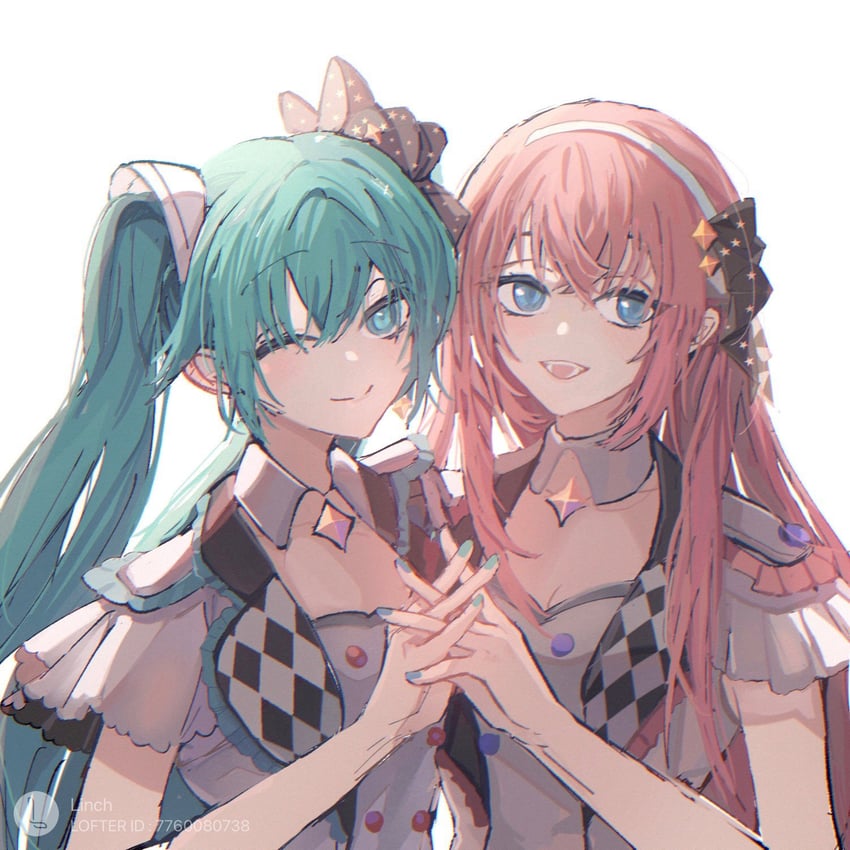 hatsune miku, megurine luka, more more jump! miku, and more more jump! luka (vocaloid and 1 more) drawn by linch
