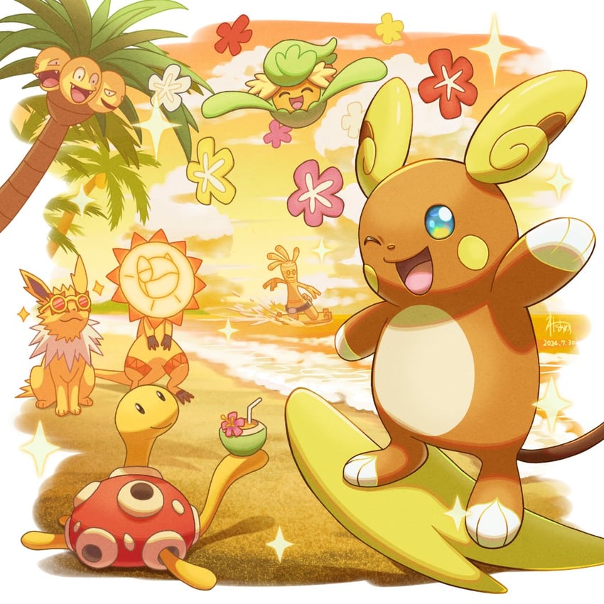 jolteon, alolan raichu, alolan exeggutor, comfey, shuckle, and 2 more (pokemon) drawn by wataame4907