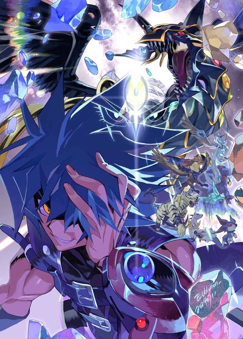 yubel, johan andersen, crystal beast ruby carbuncle, crystal beast amethyst cat, crystal beast sapphire pegasus, and 5 more (yu-gi-oh! and 1 more) drawn by e_volution