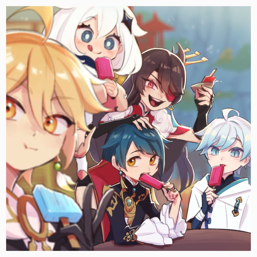aether, paimon, beidou, xingqiu, and chongyun (genshin impact) drawn by ukata