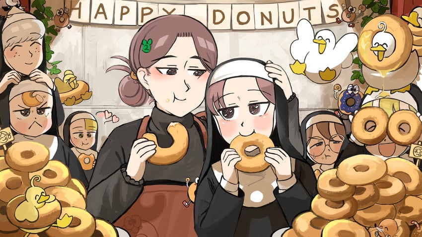 clumsy nun, froggy nun, spicy nun, sheep nun, glasses nun, and 2 more (little nuns) drawn by diva_(hyxpk)