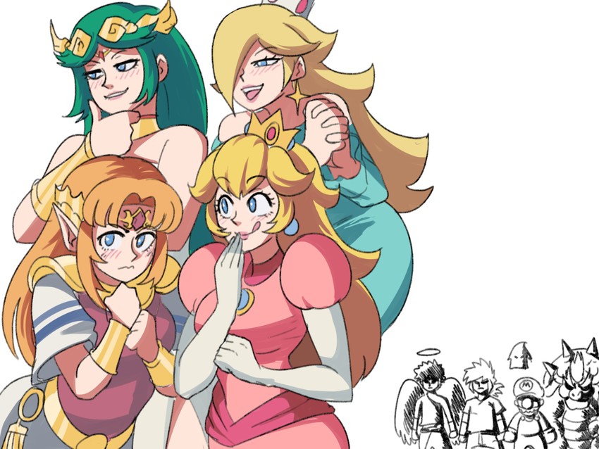 link, princess zelda, princess peach, mario, rosalina, and 4 more (the legend of zelda and 7 more) drawn by tina_fate