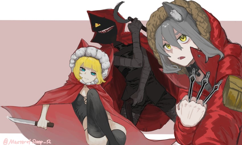 projekt red, little red riding hooded mercenary, and red hood (arknights and 3 more) drawn by sleepyran