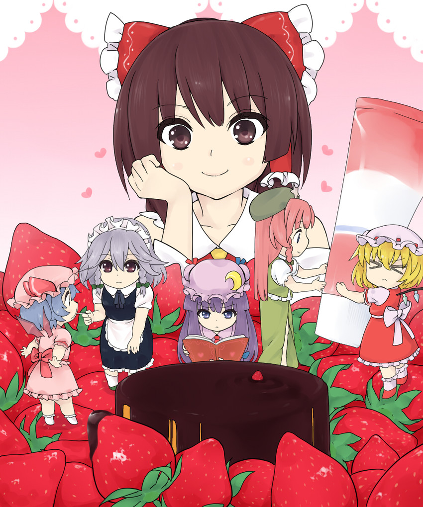 hakurei reimu, remilia scarlet, flandre scarlet, izayoi sakuya, patchouli knowledge, and 1 more (touhou) drawn by zuttokodomo