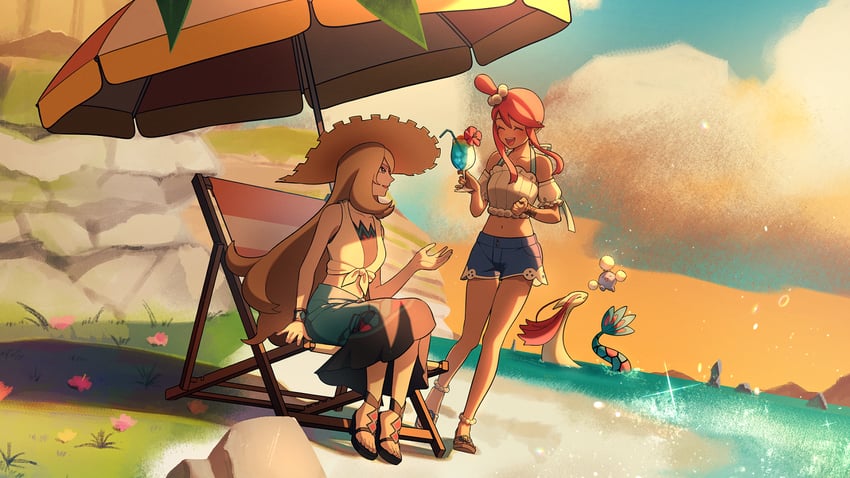 cynthia, skyla, milotic, and jumpluff (pokemon and 1 more) drawn by chacha_(ochaco_gnsn)
