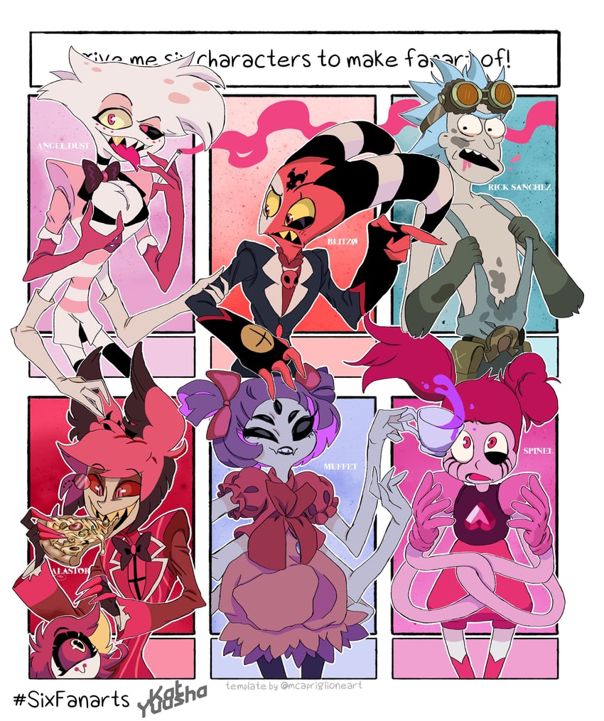 alastor, muffet, angel dust, blitzo, rick sanchez, and 2 more (undertale and 4 more) drawn by kat_yuusha
