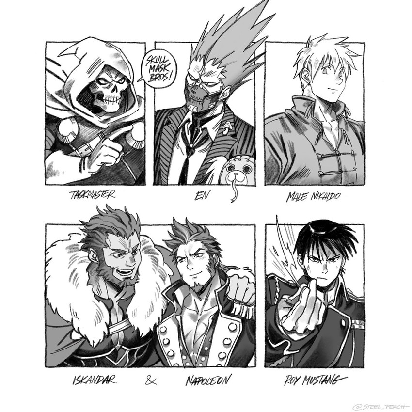 iskandar, napoleon bonaparte, roy mustang, nikaidou, en, and 2 more (fate and 6 more) drawn by steel_peach