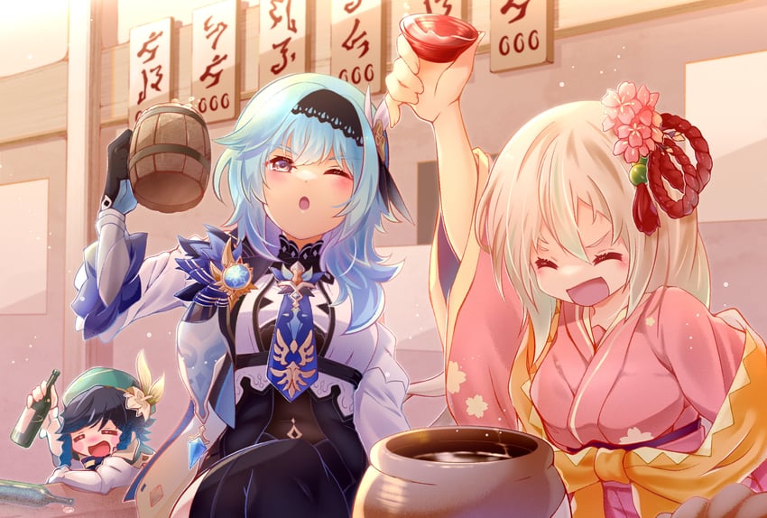 venti, eula, and kamewaritou (genshin impact and 1 more) drawn by m-1ng