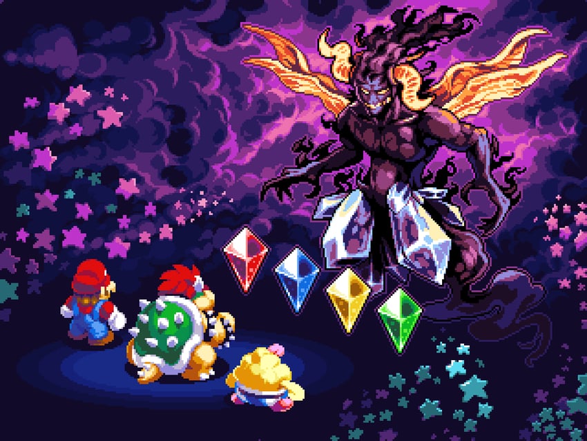 mario, bowser, mallow, and culex (mario and 1 more) drawn by jon_davies