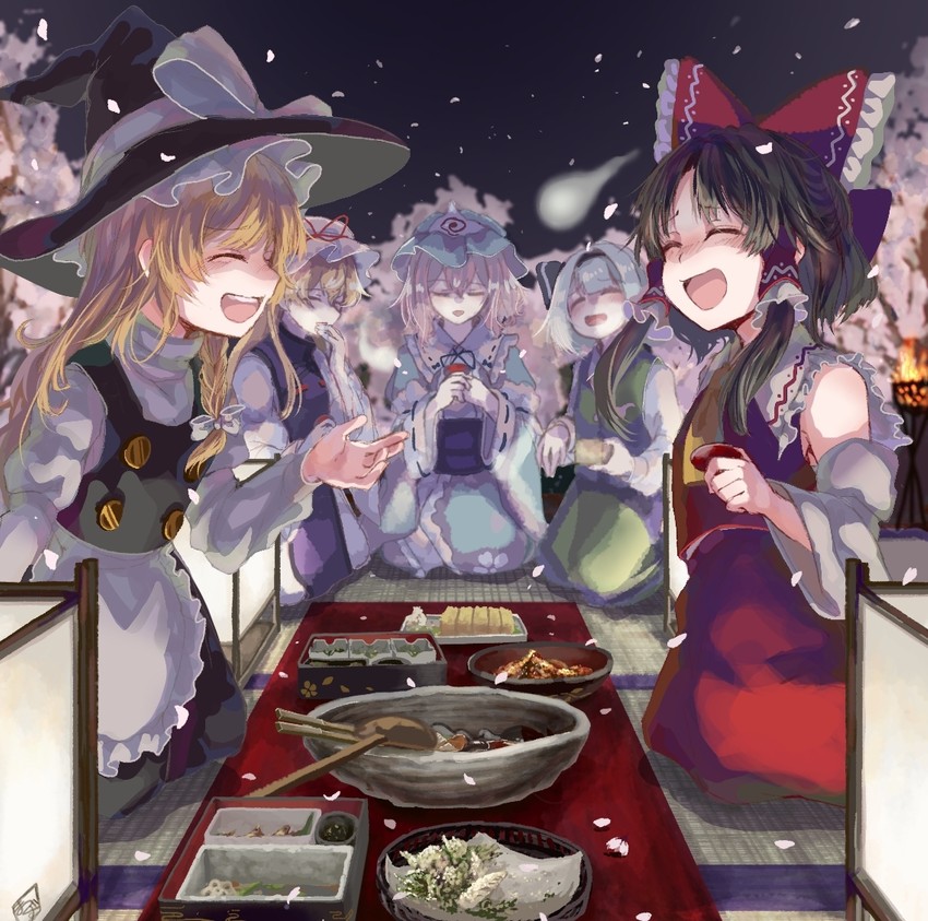 hakurei reimu, kirisame marisa, konpaku youmu, yakumo yukari, and saigyouji yuyuko (touhou) drawn by matsukuzu