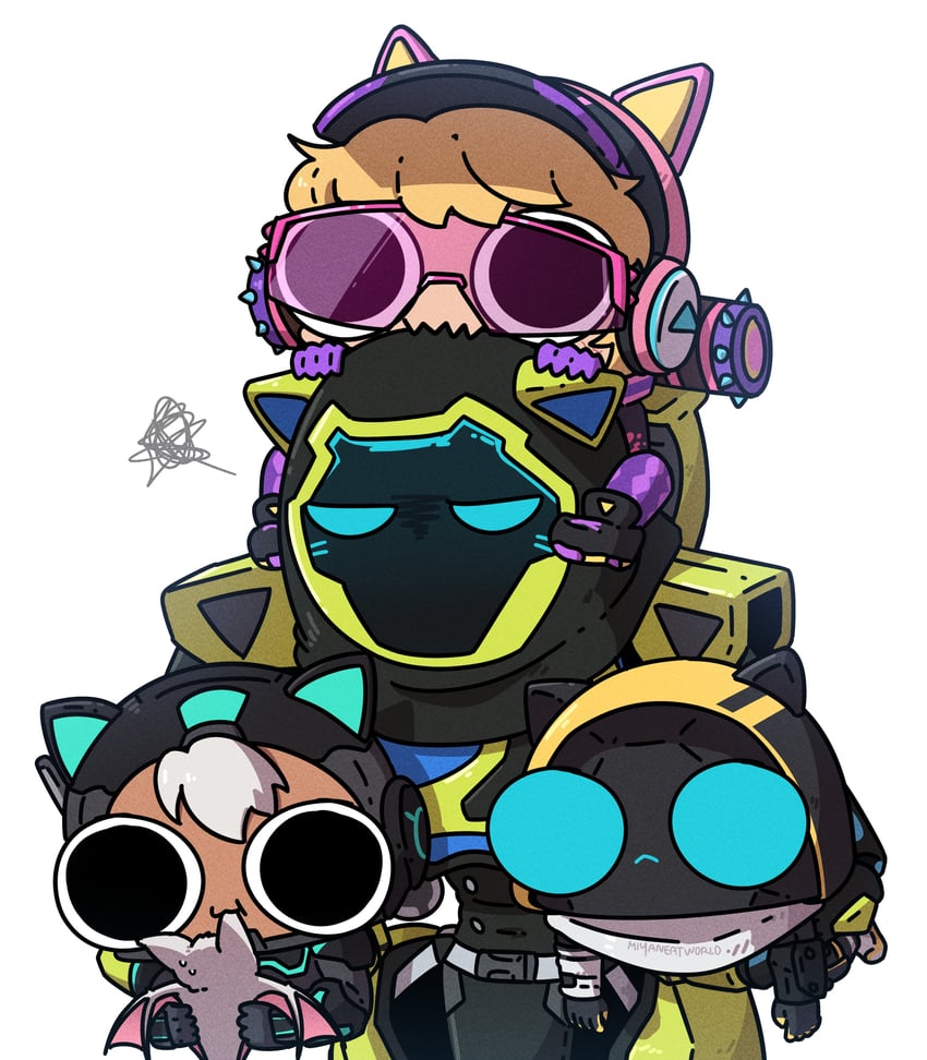 wattson, wraith, revenant, vantage, void prowler wraith, and 4 more (apex legends) drawn by miyan_(oceanmaiden)