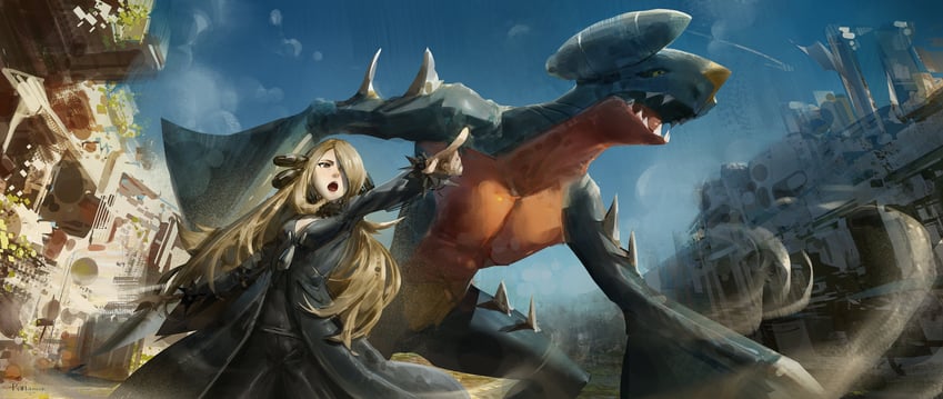 cynthia and garchomp (pokemon and 1 more) drawn by pandemoon