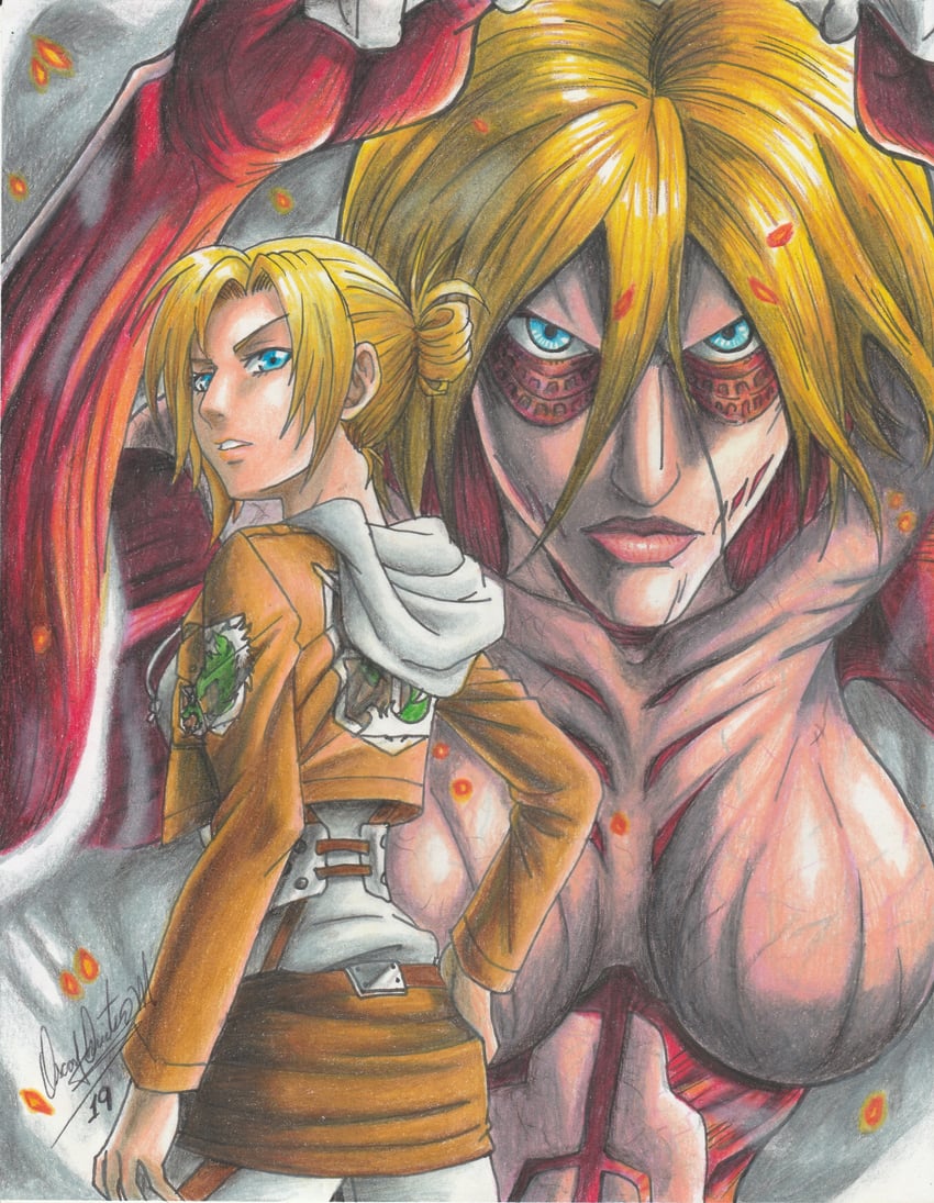 annie leonhart, titan, and female titan (shingeki no kyojin) drawn by ravernclouk
