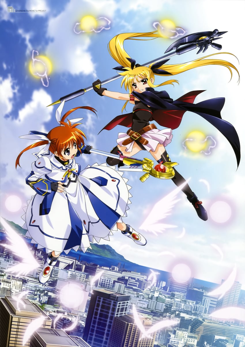 fate testarossa, takamachi nanoha, raising heart, and bardiche (lyrical nanoha and 2 more) drawn by okuda_yasuhiro