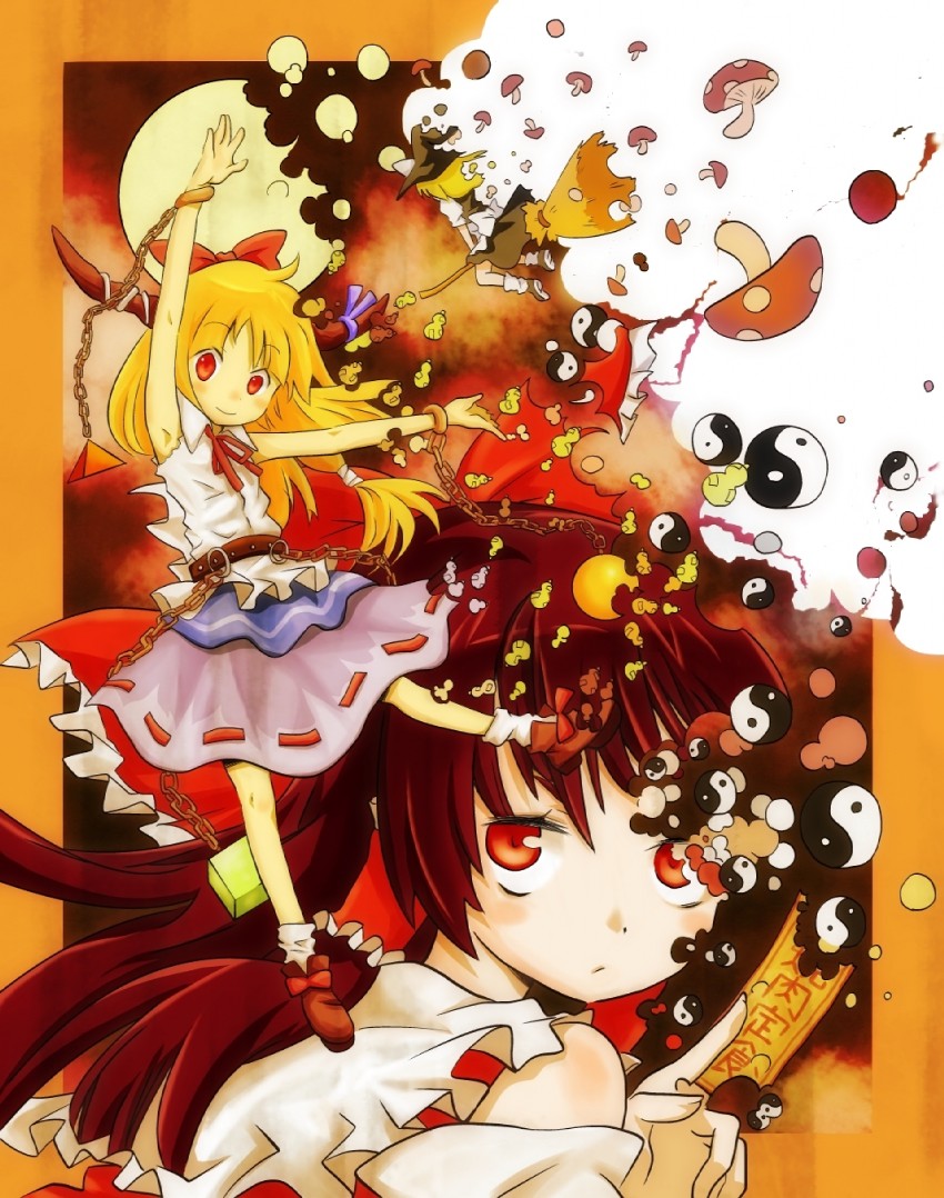 hakurei reimu, kirisame marisa, and ibuki suika (touhou) drawn by issin.