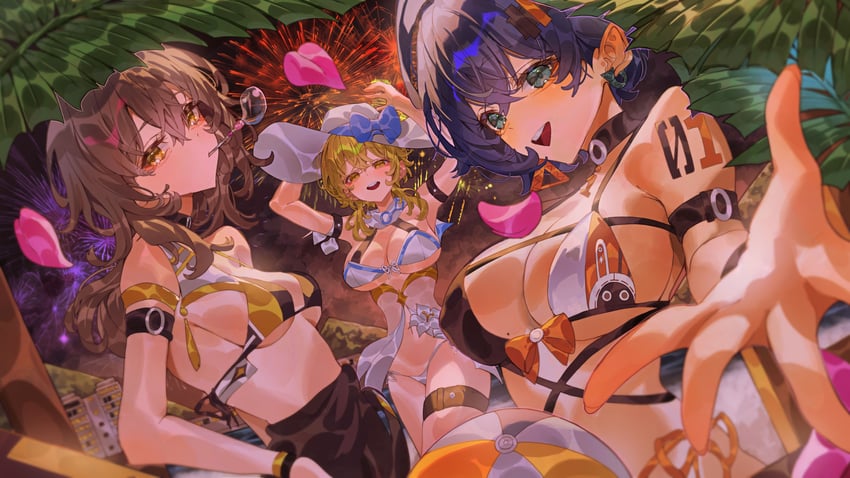 lumine, trailblazer, stelle, and belle (genshin impact and 4 more) drawn by indol