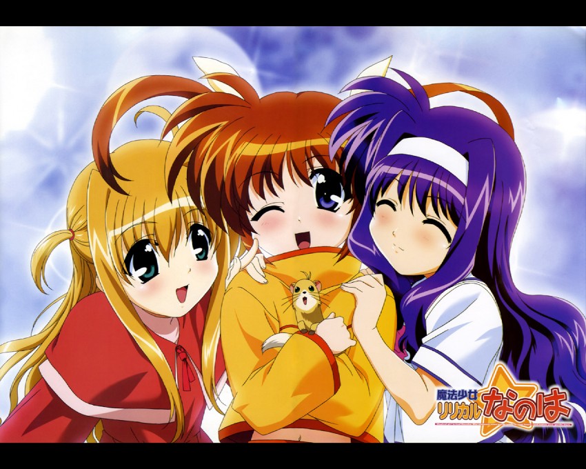 takamachi nanoha, yuuno scrya, arisa bunnings, and tsukimura suzuka (lyrical nanoha and 1 more) drawn by okuda_yasuhiro