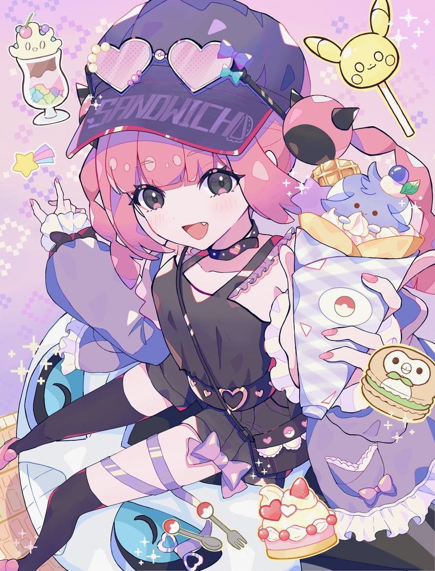 pikachu, rowlet, coral, espurr, milcery, and 1 more (pokemon and 1 more) drawn by haru_(haruxxe)
