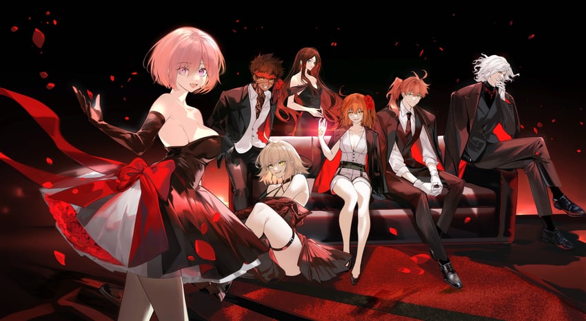 mash kyrielight, fujimaru ritsuka, jeanne d'arc alter, leonardo da vinci, edmond dantes, and 2 more (fate and 1 more) drawn by arlizi