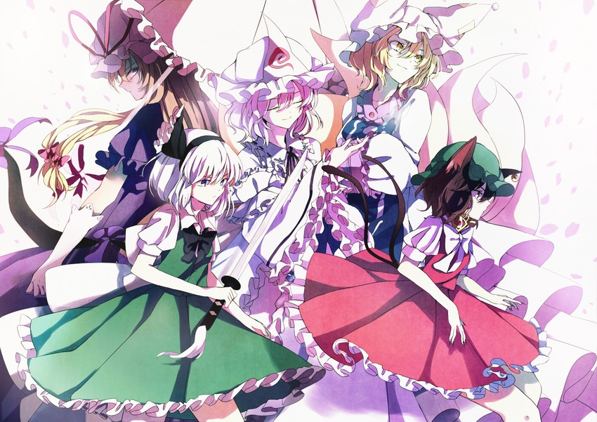 konpaku youmu, yakumo yukari, saigyouji yuyuko, yakumo ran, and chen (touhou) drawn by surumeri_(baneiro)